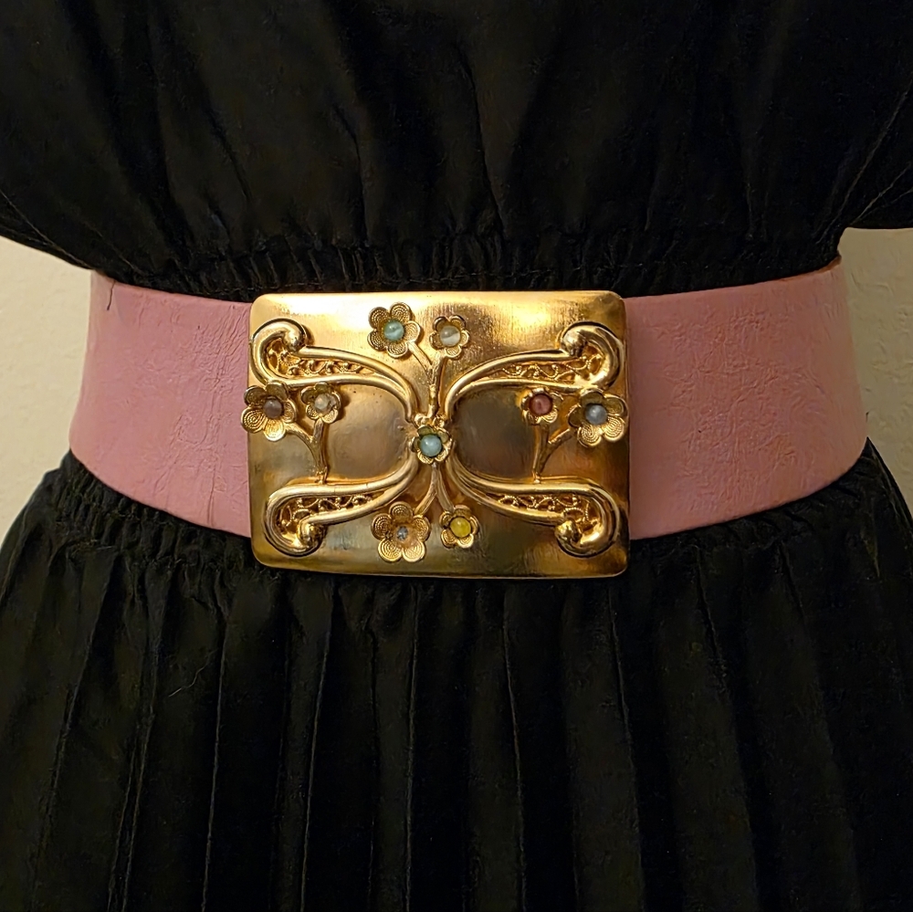 Vintage Authentic Christian Dior Leather Belt With Brass And Opal Buckle